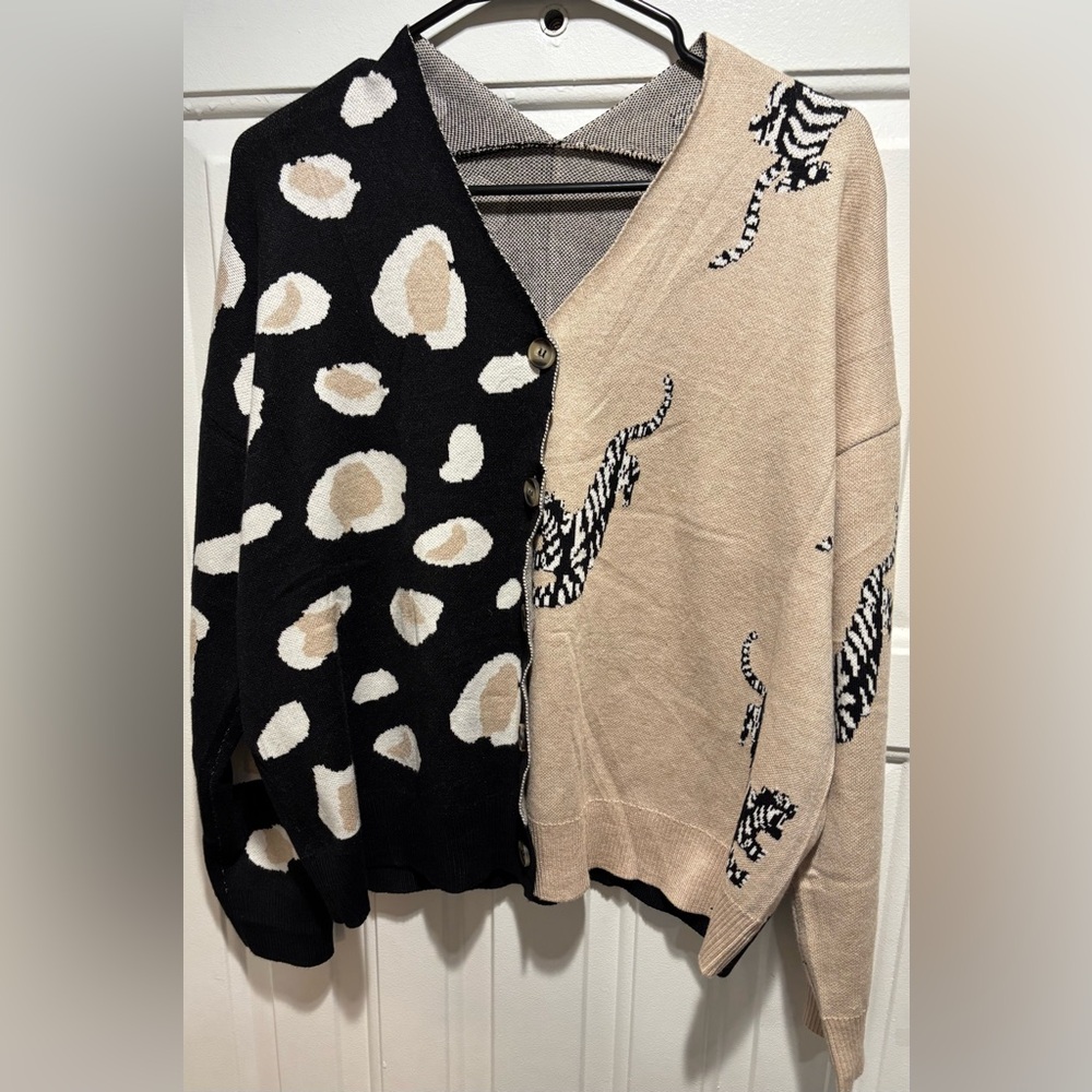 Elegant Black and Cream Animal Print Cardigan